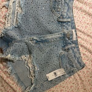 PacSun Light Blue Distressed Rhinestone Jean Shorts